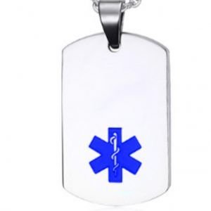 Dog Tag ID – acero – plateada- símbolo medico azul 23*46 mm