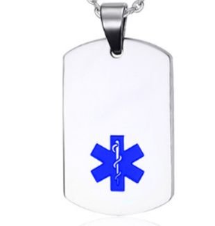 Dog Tag ID – Acero – Plateada- Símbolo Medico Azul 23*46 Mm