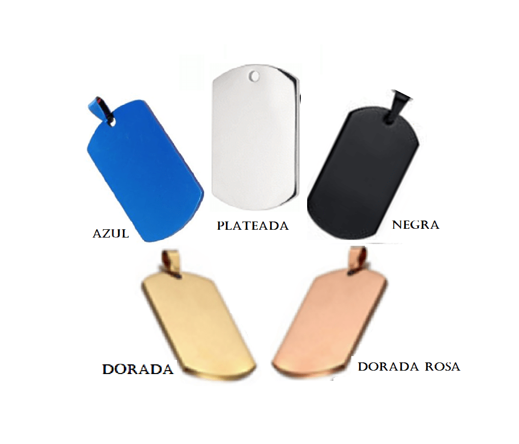 ID Dog Tag En Acero Color Plateado Y Otros Colores Varios Tamaños 36*22mm – 45*25mm – 50*28mm